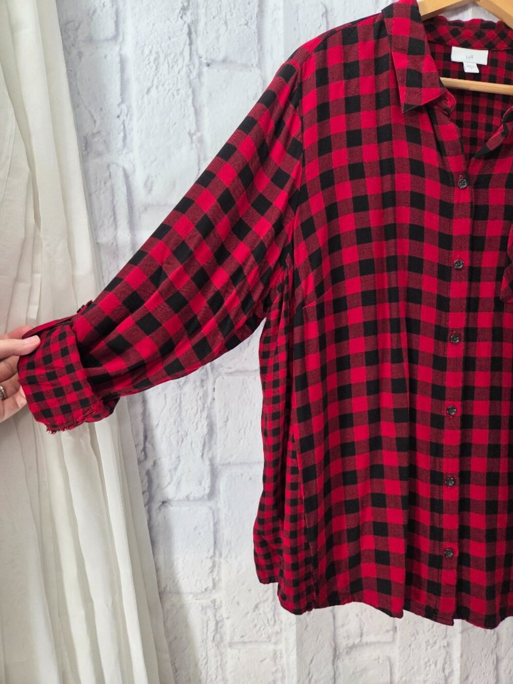 J.Jill Extra Large Red Black Plaid Roll Tab Longsleeve Fall Casual Shirt - Picture 5 of 11